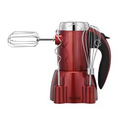 VonShef 250W 6 Speed Hand Mixer with Stand and 5 Accessories Includes 2 Dough Hooks, 2 Beaters & ...