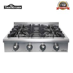 Thor Kitchen 30″ Pro-Style Gas Rangetop with 4 Sealed Burners Stove 4 Control Knobs, Stain ...