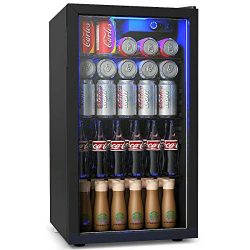 COSTWAY Beverage Refrigerator and Cooler, 120 Can Mini Fridge, Adjustable Removable Shelves, Per ...