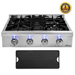 Thor Kitchen 30” Gas Cooktop with 4 Sealed Burners in Stainless Steel, Flat Cast-iron Grat ...